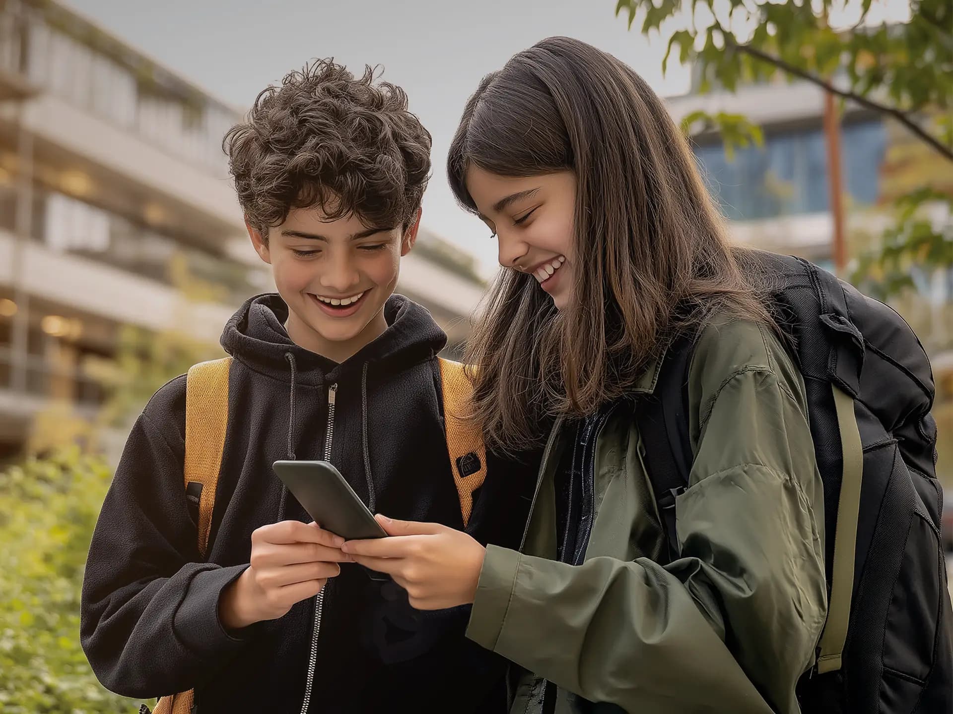 Zwei Jugendliche stehen im Freien vor einem modernen Schulgebäude, tragen Rucksäcke und schauen gemeinsam lachend auf ein Smartphone.