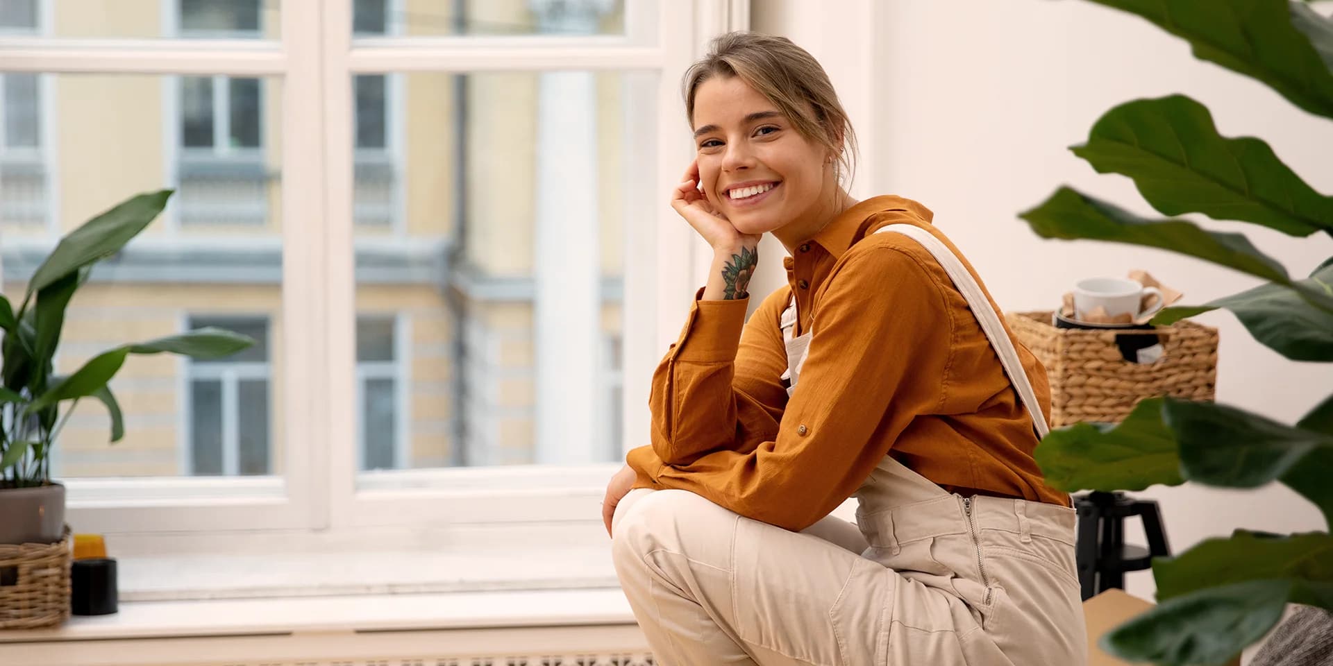 Eine Frau sitzt auf einem Hocker in einem hellen Raum und vor einem großen Fenster. Im Raum sind mehrere Pflanzen verteilt, die eine angenehme Atmosphäre schaffen. Die Frau sieht glücklich aus und lächelt in die Kamera.