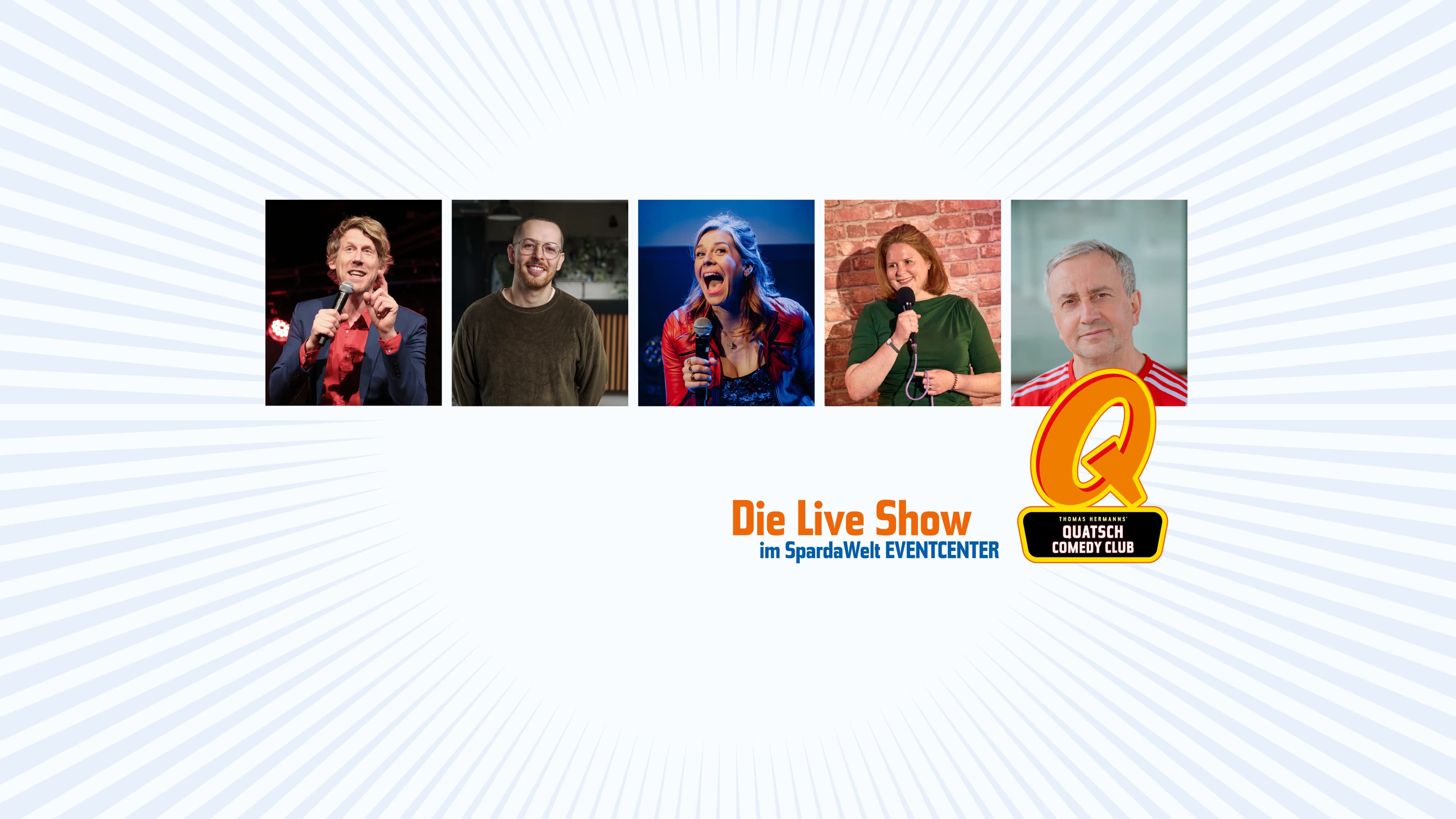 Das Bild zeigt den Moderator Christian Schulte Loh und die Comedians Yannick de la Pêche, Laura Brümmer, Nele Mathew und Kerim Pamuk, die beim Quatsch Comedy Club im Dezember auftreten.