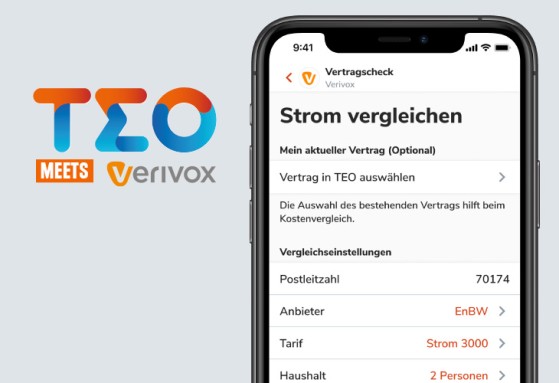 verivox ist jetzt in TEO integriert. Das Bild zeigt einen Screen der App